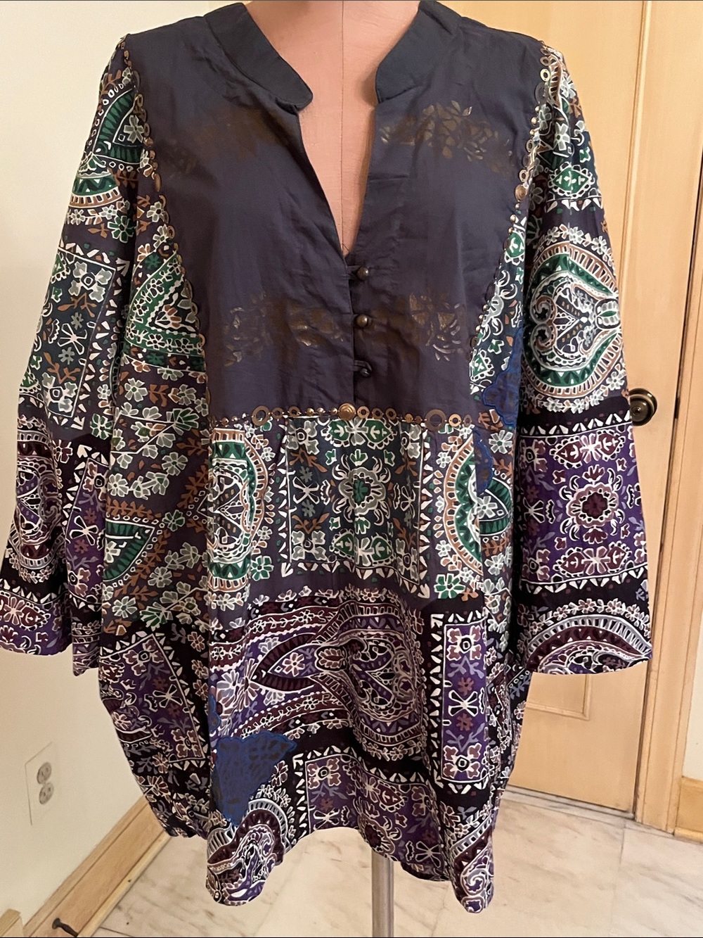 ULLA POPKEN NWOT Bohemian Resort Artsy Ethnic Print Metallic Trim Tunic SZ 28/30